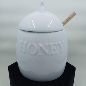 Fitz and Floyd Everyday White Honey Pot‎ with Dipper Porcelain Bee Lid Embossed